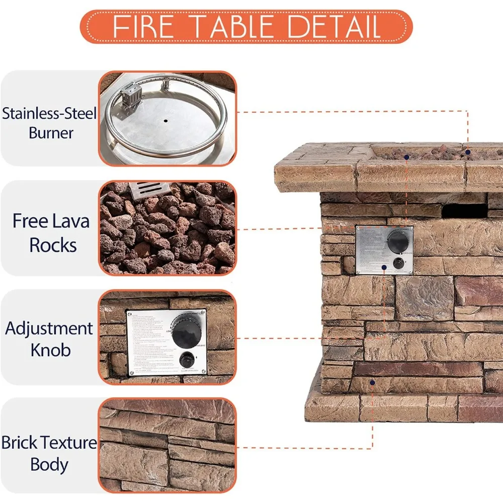 Mesa para fogones de propano para exteriores, fogero cuadrado de propano de hormigón de piedra de imitación de 32 pulgadas con rocas de lava y cubierta para lluvia