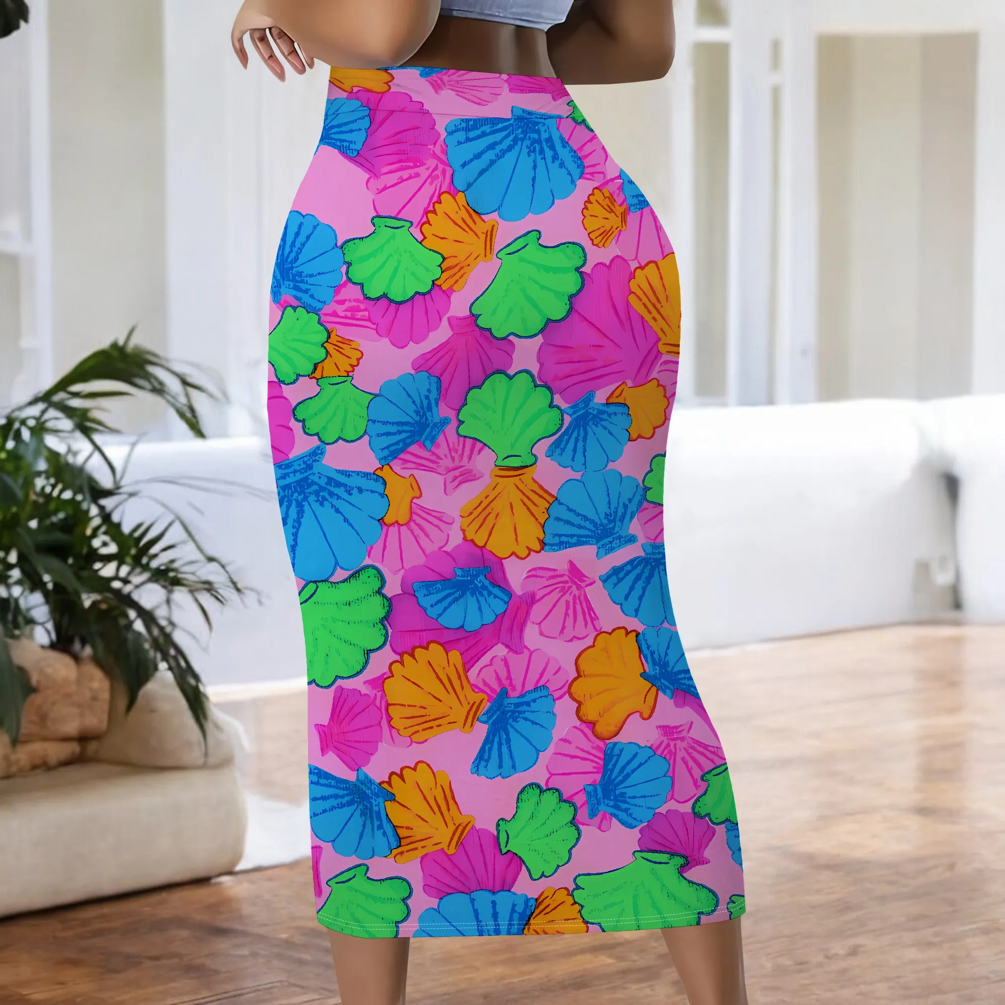 Bunter Rock mit Muscheldruck, Midi-Bleistiftrock mit lebhaftem Muschelmuster, figurbetontes Design mit hoher Taille, Sommer-Strandkleidung, S-2XL – Detail 6
