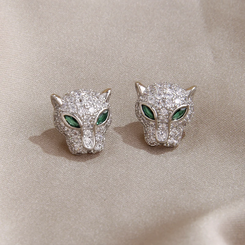Fashion Brand Jewelry Crystal Leopard Stud Earrings Luxury Zirconia Animal Earrings for Women