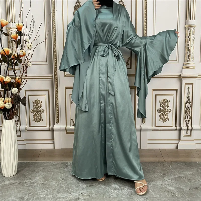 2-teiliges Set Satin Open Abaya Kimono Cardigan Damen Muslimisches Kleid mit Gürtel Eid Ramadan Jalabiya Passende Outfits Dubai Kaftan Robe