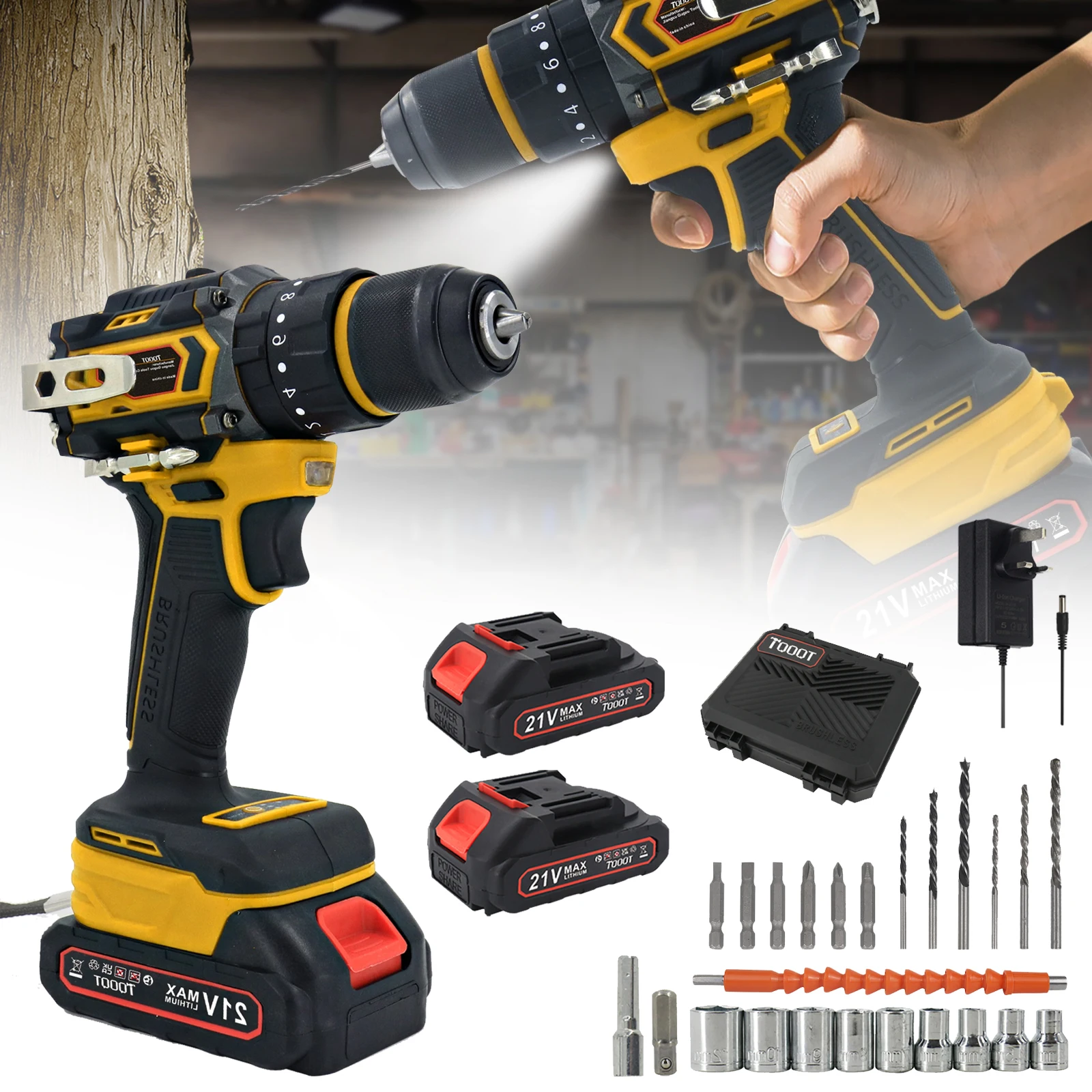 21V Cordless Electric Drill Combi Driver High Power Brushless Screwdriver Set with 2 Battery & Charger UK