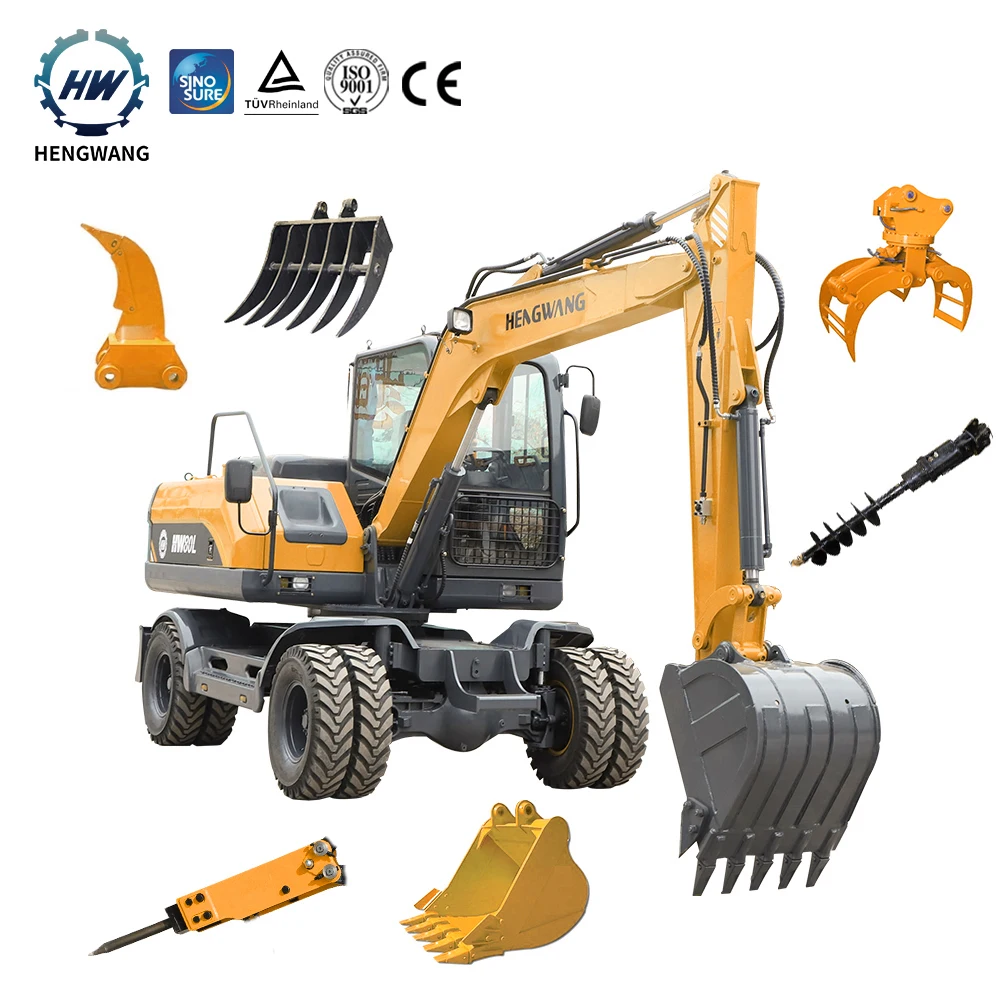 China Top Brand hengwang digger excavator 7 ton 8 ton 10 ton wheel excavator with hydraulic hammer