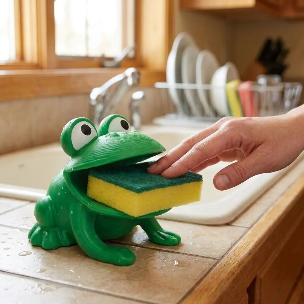 3D Printed Frog-Shaped Sponge Storage Rack Self-draining with Drain Hole Sponge Drain Holder Big Mouth Frog Cartoon view 2