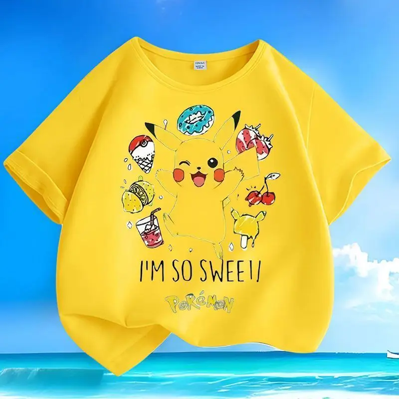 Nuevo Novedad de verano, camiseta Universal de manga corta con dibujos animados de Pok É Mon Pikachu para hombres y mujeres, Top holgado de cuello redondo de algodón puro