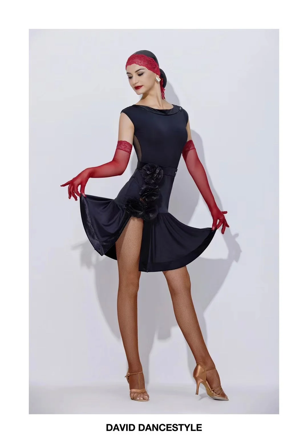 

UK Latin dance costume women professional Latin two-piece set with mesh panels & high-slit skirt Ballroom dance costumes