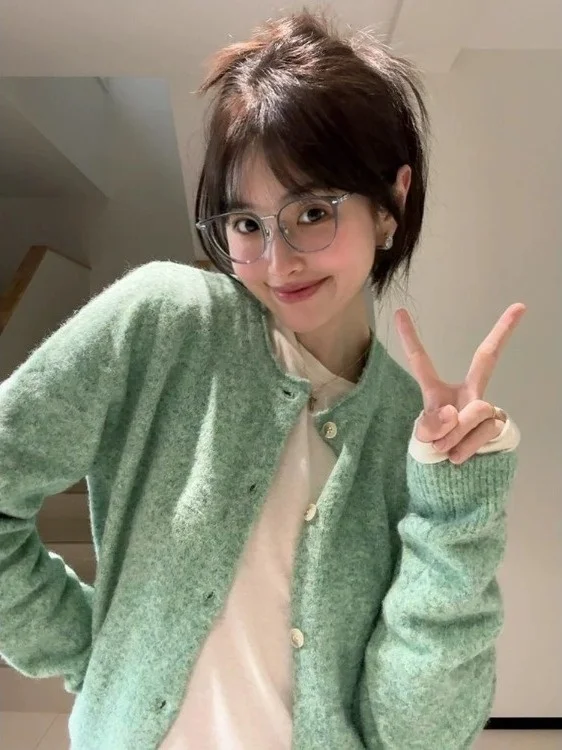 Hortelã een redondo ne aberto cardigan camisola primavera outono novo sle coreano versátil algemado outerwear casaco superior