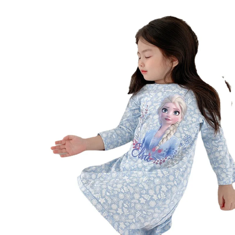 Pijama dos desenhos animados para meninas, gelo e neve, vestido de princesa Elsa, algodão puro, manga comprida, roupas de outono, vestido Elsa