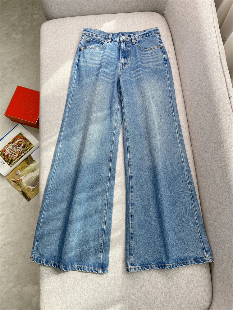 

Pure cotton blue nostalgic washed high-waisted flared jeans, autumn retro loose wide-leg jeans