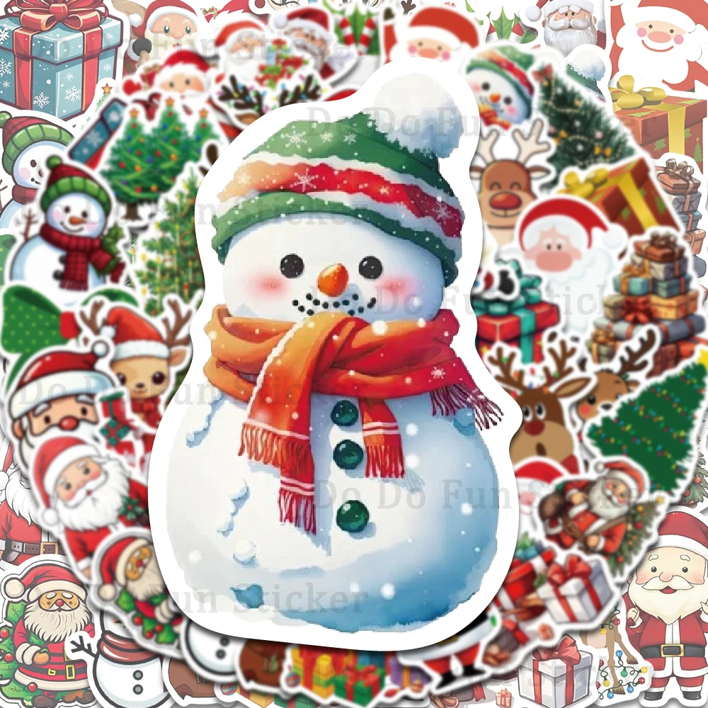 100PCS Cartoon Christmas Stickers Collection Waterproof Creative Santa Claus Elk Gift Christmas Tree Gingerbread Man Bell Socks