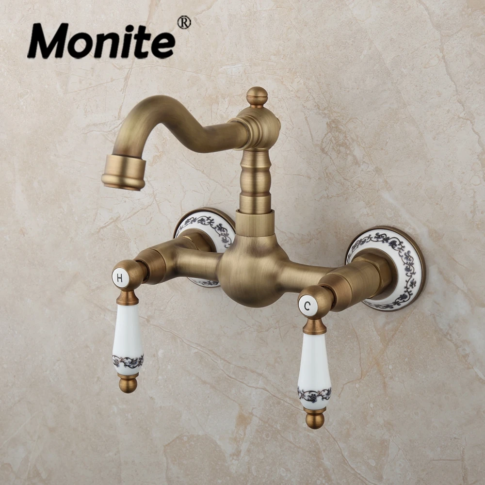 Monite-grifo de latón antiguo para bañera, grifería de latón macizo montado en la pared, 2 manijas, mezclador de lavabo de baño, agua caliente y fría