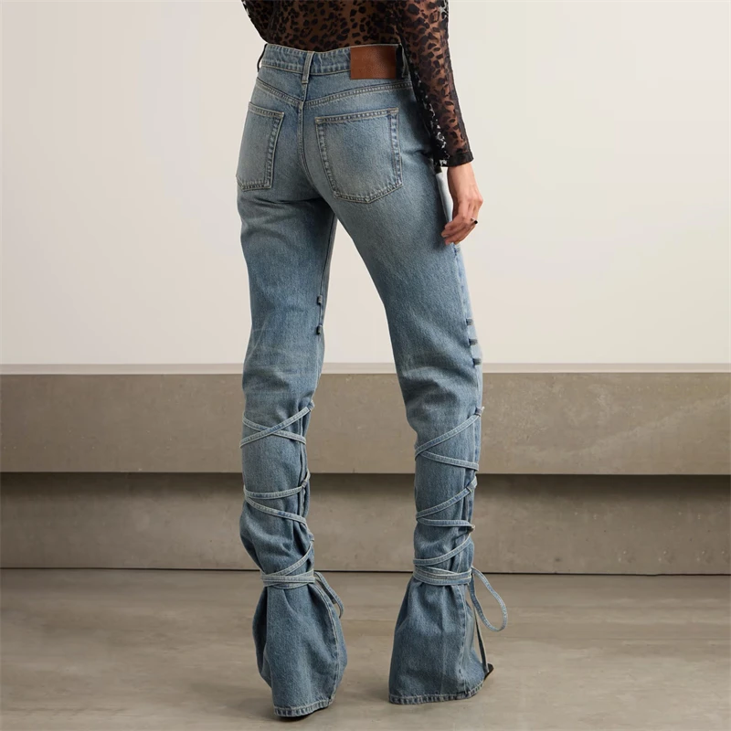 Autumn and winter new women's pureCotton washed high waisted lace-up jeans y2k high quality fashion high street mopping trousers