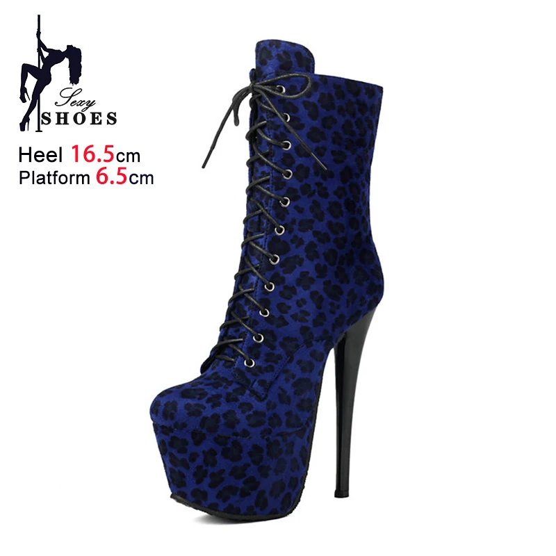 ملهى ليلي نادي مثير الجوارب القصيرة 16.5 سنتيمتر الكعوب رقيقة منصة عرض مسرحي أحذية النساء الأزرق ليوبارد طباعة الجلد المدبوغ القطب أحذية الرقص #5