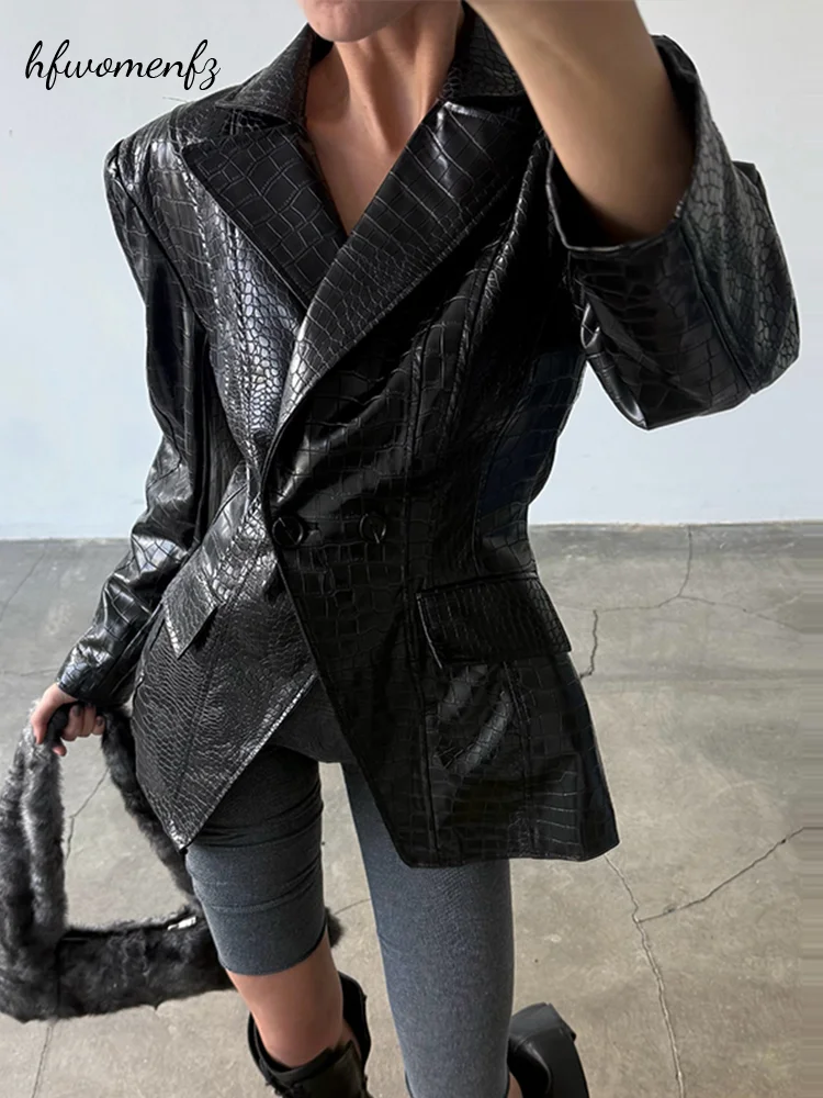 Y2K Women's Crocodile Embossed Faux Leather Blazer Black Notched Collar Shoulder Pads Waist Cinched Long Sleeve Jacket 2026 New