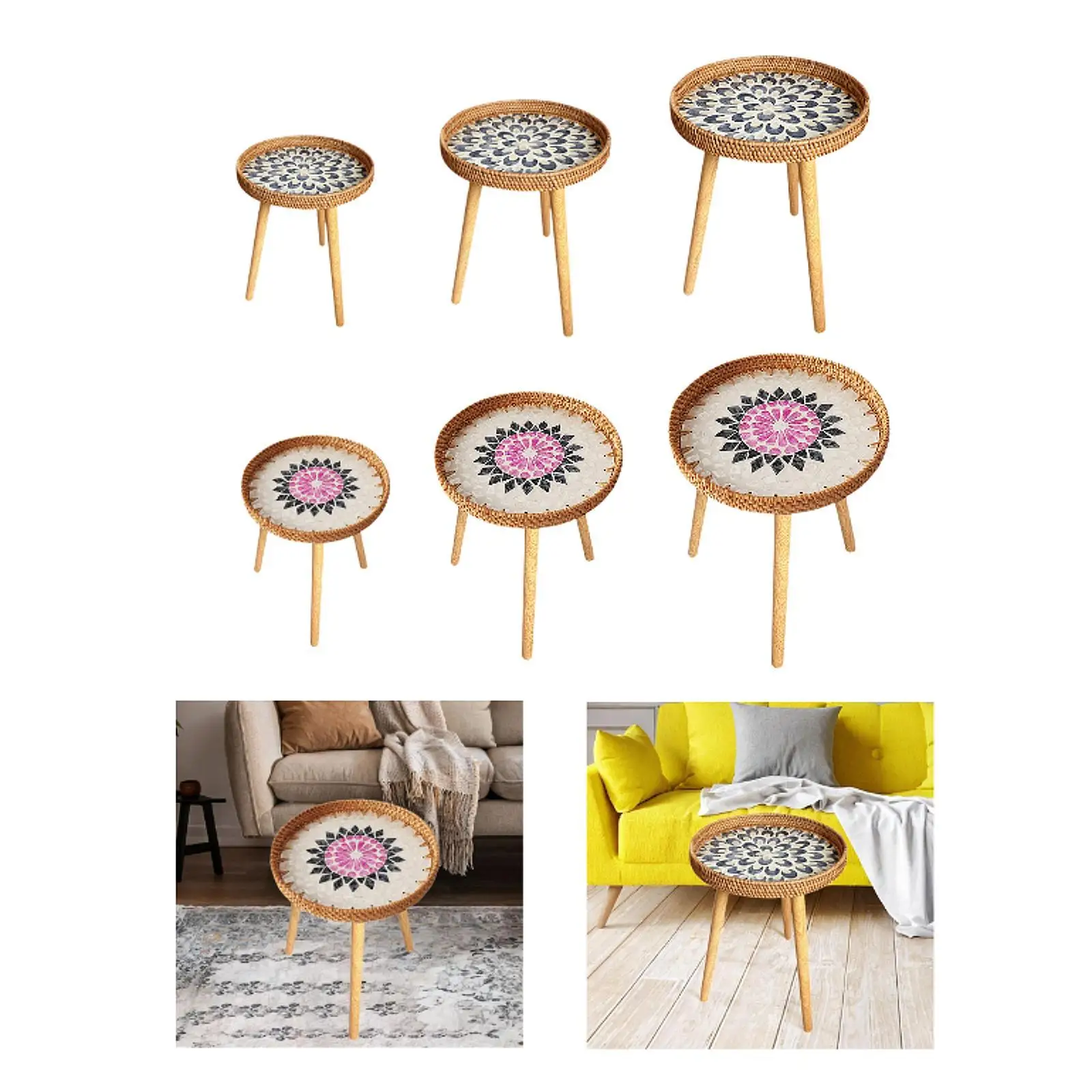 Round Rattan Side Table for Balcony Garden Office Bedroom Sturdy End Table with Shell Inlays Easy Care Multifunctional