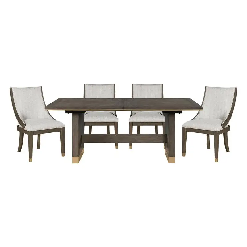 Modern Brown Finish 5-Piece Dining Set with Extension Table and 4 Armchairs, Upholstered Kitchen Furniture with Gold Tipping