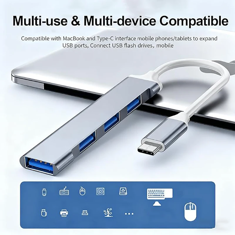 4-Port USB-C Hub Silver Multi-Port Distributor Adapter OTG Type-C to HDMI USB Converter for Computers, Laptops, MacBook view 6