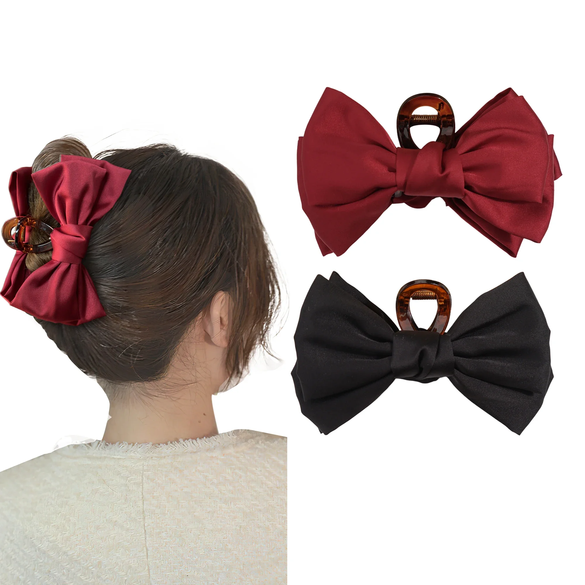 

2Pcs Big Double Side Solid Satin Chiffon Plastic Hair Bows Crab Clips Claw for Women Girls Black Bowknote Accessories Summer