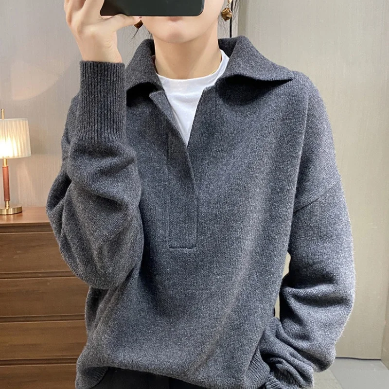 

25. Новая женская одежда, пуловер поло из 100% мериносовой шерсти, повседневный стеганый свитер, теплый вязаный топ, осень и зима