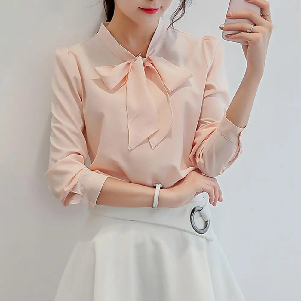 

Spring Summer Women Chiffon Shirt Bowknot Lace-up Collar Shirt Tops Long Sleeve Casual Chiffon Blouse Workwear