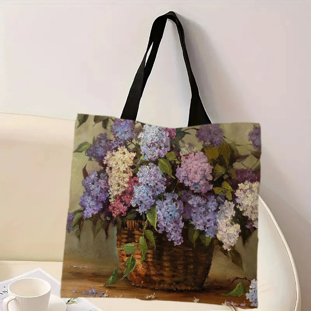Flower Print Tote Bag Reusable Fashionable Handbag Multifunctional Shoulder Bag Printed Storage Shopping Bag for Women 40x40cm
