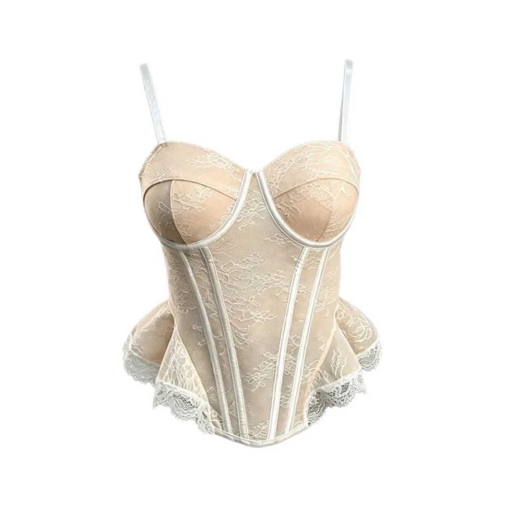 Fashion Mesh Lace Camisole Transparent Slim fit Crop Tops Fishbone Sleeveless Suspender Vest Women