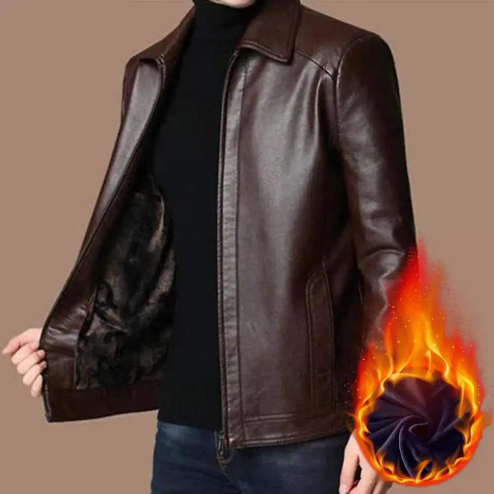 Men Outerwear Stylish Men's Faux Leather Jacket with Plush Lining Business Coat with Zipper Placket Stand Collar Lapel Long