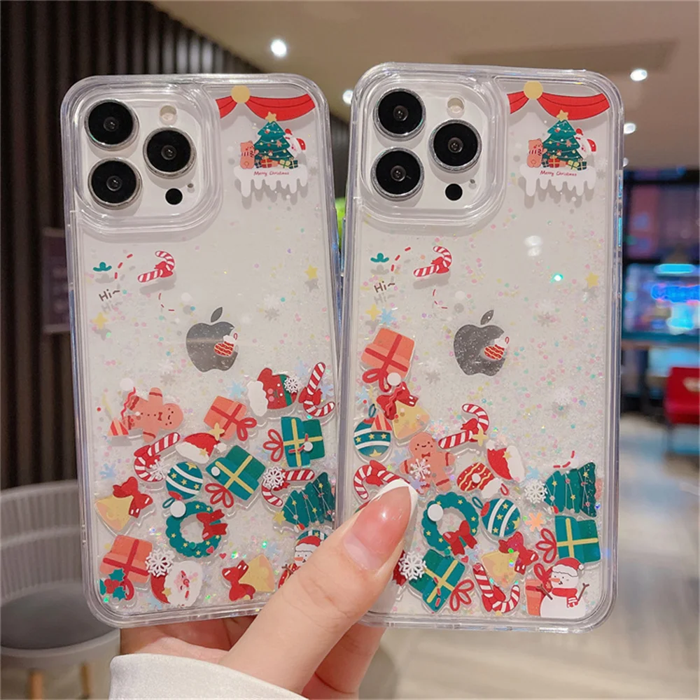 

3D Christmas New Year Gift Case Cute Protection Cover Silicon Capa For iPhone15 14 13 12 11 16 17Pro Max Quicksand Glitter Cover