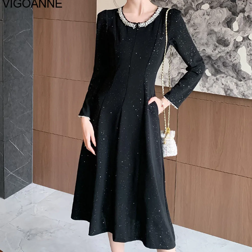 VigoAnne 2025 Woman Black O Neck Knit Dress Spring Autumn Slim Long Sleeve Korean Dresses Lady Evening Party Tight Long Dress