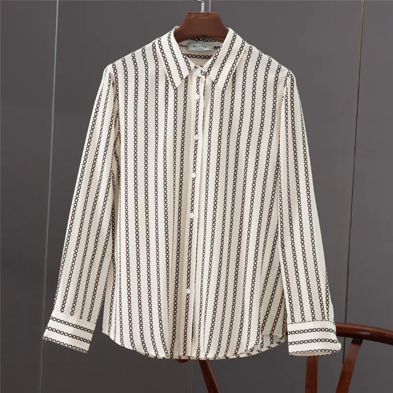 Spring New Silk Long Sleeve Shirt Women\'s Mulberry Silk French Style Shirt Versatile Striped Top Print Shirt