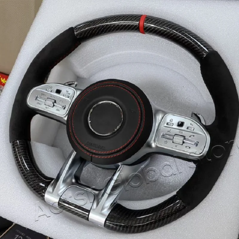 Carbon Fiber Car Steeling Wheel Cover Mark Genuine Leather For Mercedes Benz AMG Control Button Version Interior Accessorie