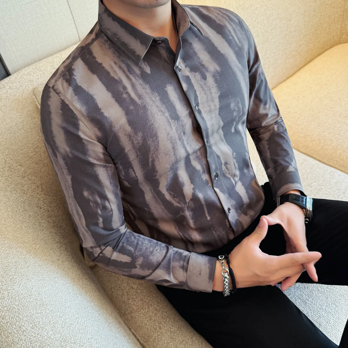 

Осень-зима, полосатая мужская рубашка с принтом тай-дай, повседневные деловые классические рубашки с длинными рукавами, удобная универсальная офисная социальная рубашка