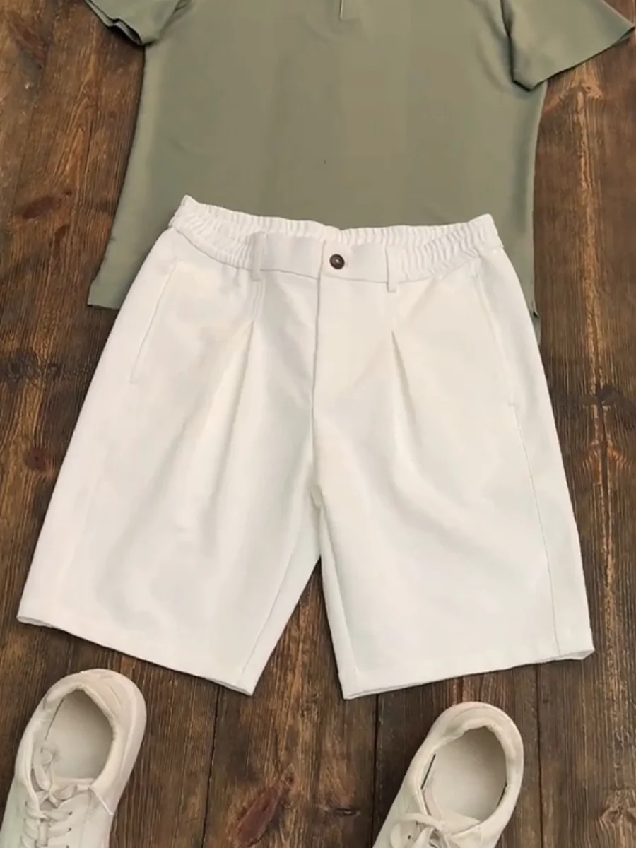 

Summer New Men's Fashionable Texture Half Elastic Micro Cone Shorts Casual Polyester Fiber mid Waist Pure Color Shorts
