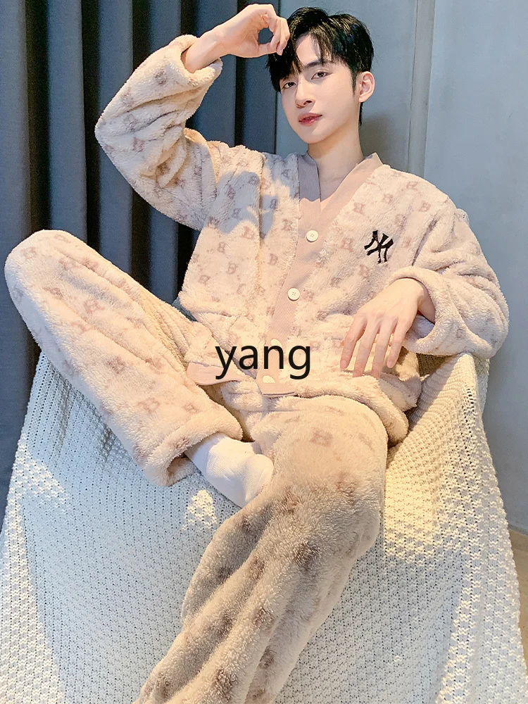 LMM Thickened Fleece Autumn and Winter Men's Teen Large Size Homewear Set