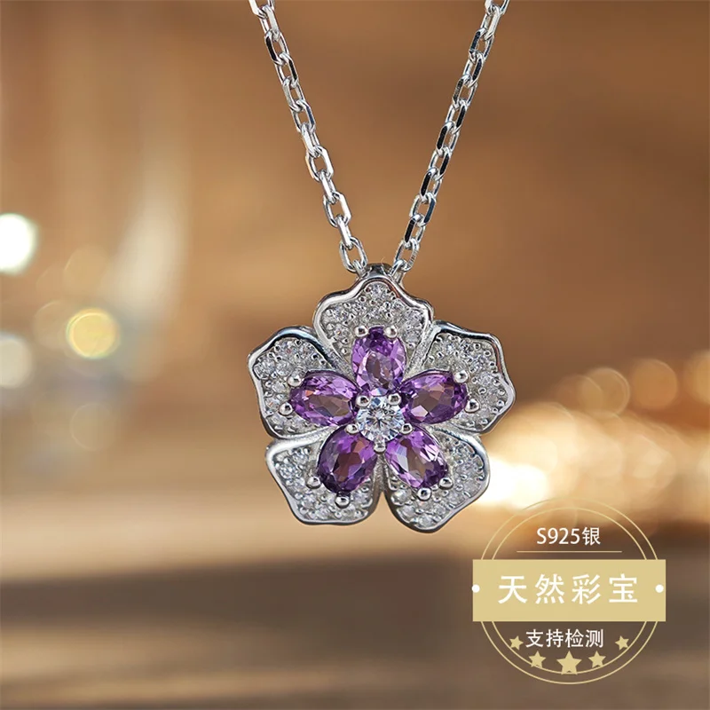 

Pendant Silver 925 Original Natural Amethyst Necklace Flower Shape Gemstone Original Fine Jewelry Lady Gift