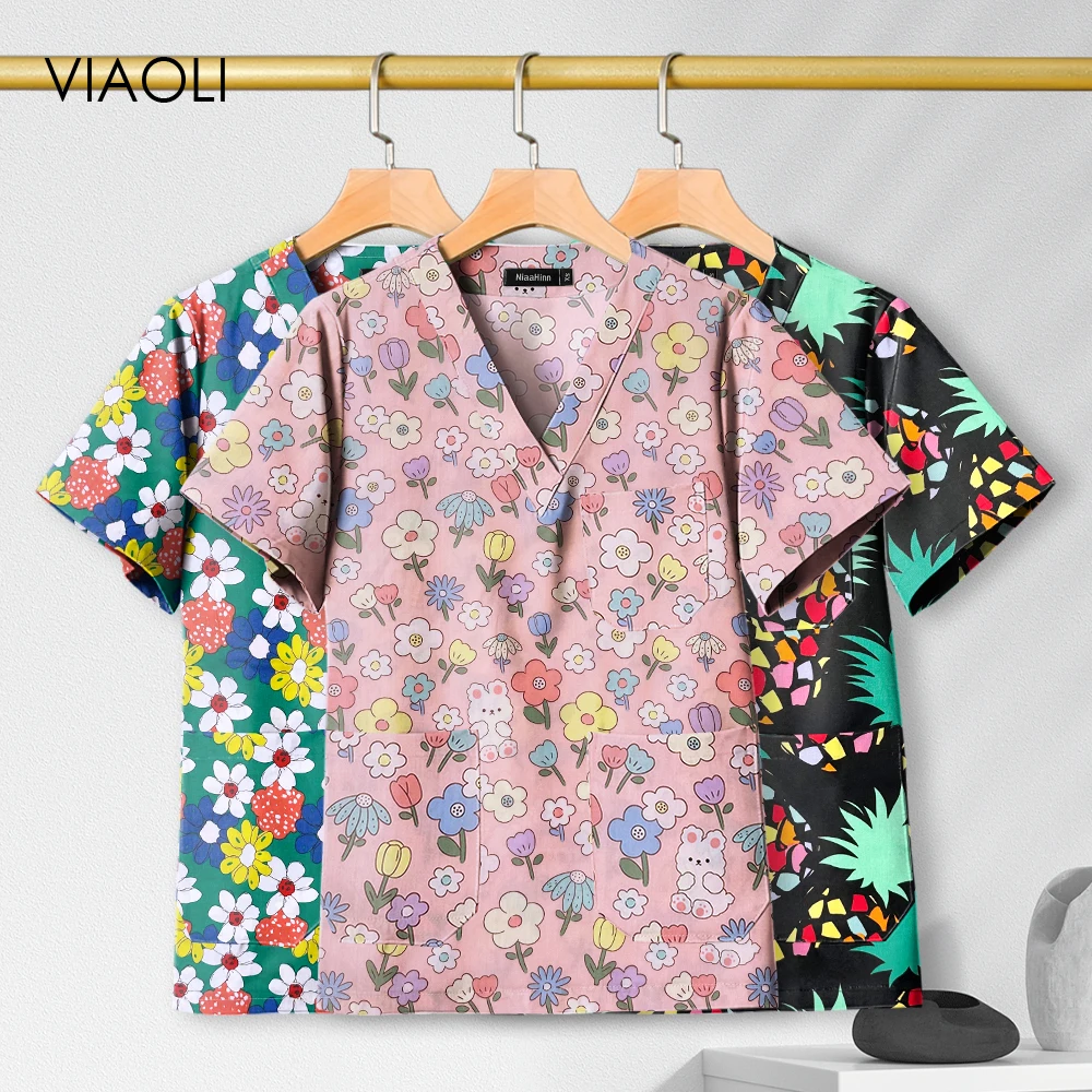 Cotton Printed Short Sleeved Tops Breathable Medical Scrubs Women Pediatric Nurse Work Uniforms Healthcare Nursing Shirts Unisex