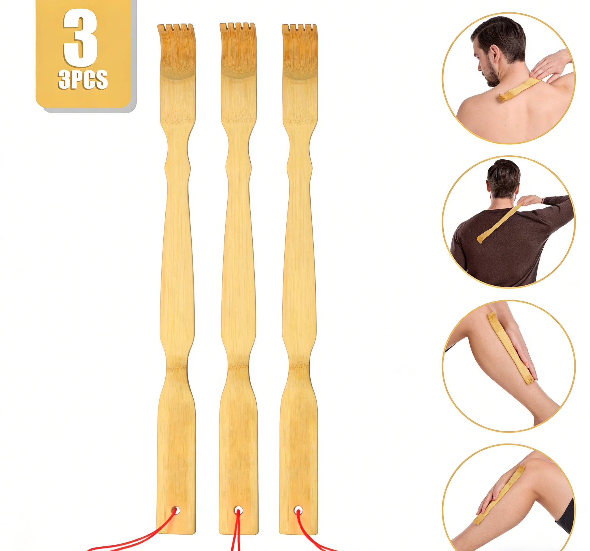 3Pcs Heavy-Duty Bamboo Back Scratcher: Therapeutic Long Handle Tool for Scratching Hard-to-Reach Itches