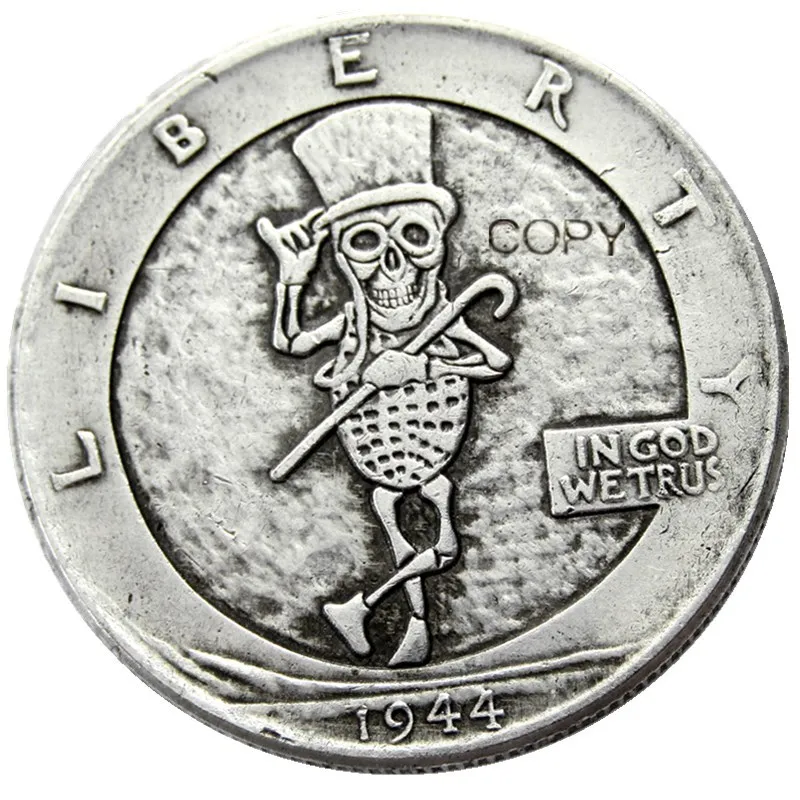 FK(07) Hobo 1944 Walking Liberty Half Dollar Skull Design Coin Silver Plated Silver Plated Copy