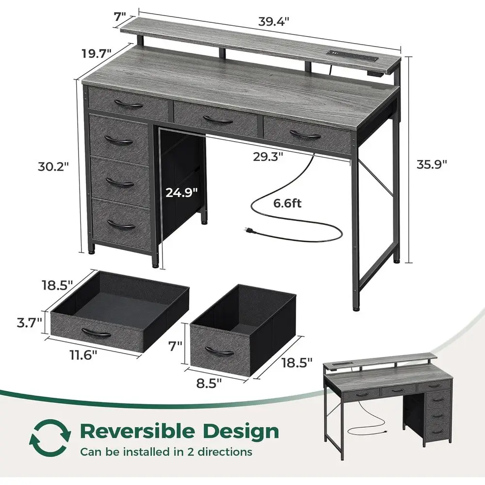 مكتب رمادي 39 مع 6 أدراج، LED وType-C، حامل شاشة، محطة عمل المكتب المنزلي