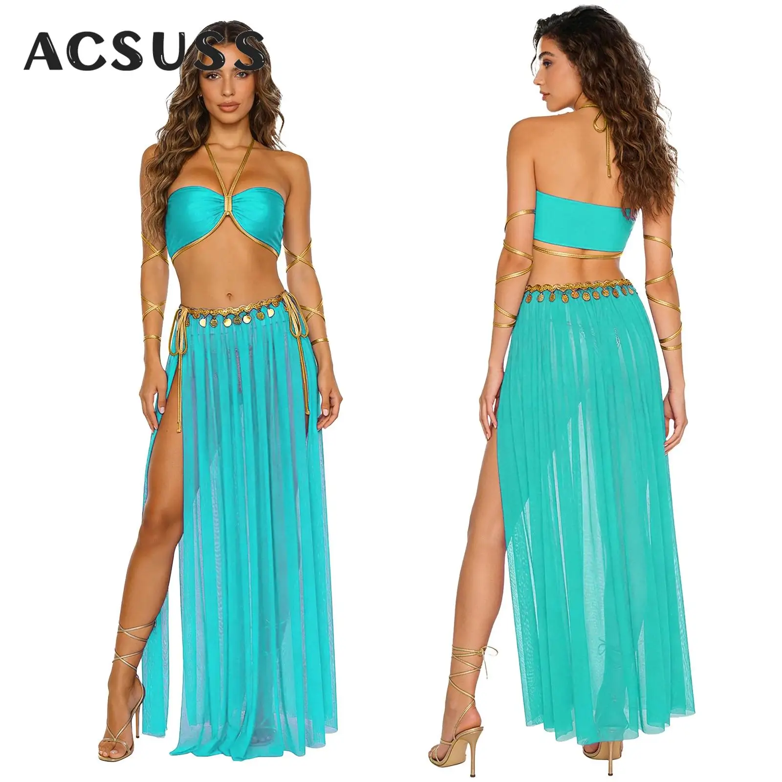 

Women Oriental Indian Belly Dance Outfit Halter Crop Top Arm Bands Sequin Slit Mesh Skirt Briefs Halloween Arab Princess Costume