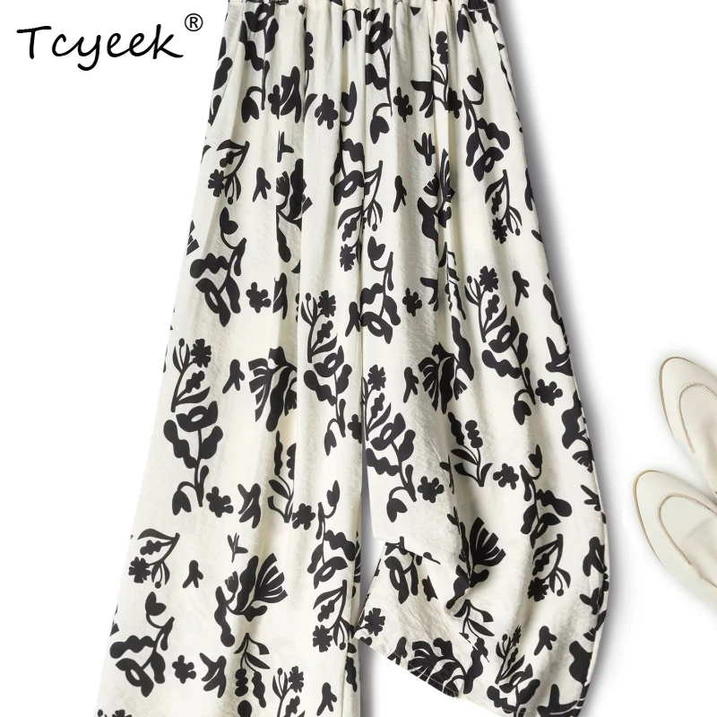 

Tcyeek 76% Mulberry Silk 24% Nylon Summer Wide Pants High Waisted Straight Leg Floral Loose Women's Pants Брюки Женские Летние