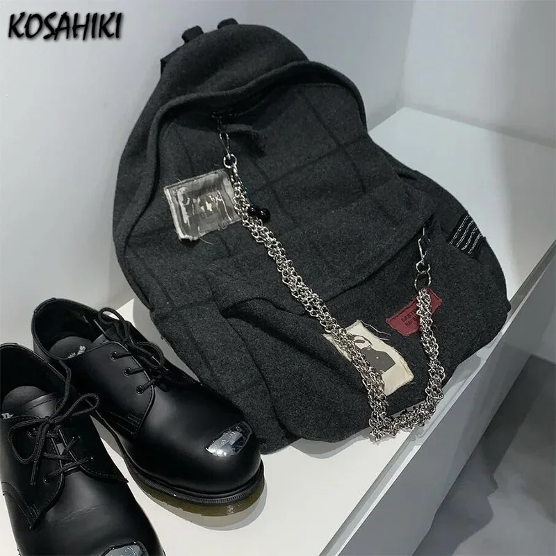 

Korean Streetwear All Match Chain Schoolbag Vintage Y2k Aesthetic Fashion Simple Backpacks Women Students High-capacity Backpack