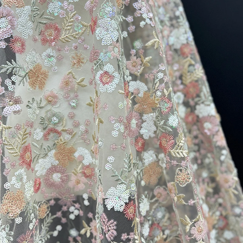 

Luxury Nigerian Sequins Embroidery Bridal Fabric High Quality African French Tulle Lace Fabric For Wedding Dress Cheongsam