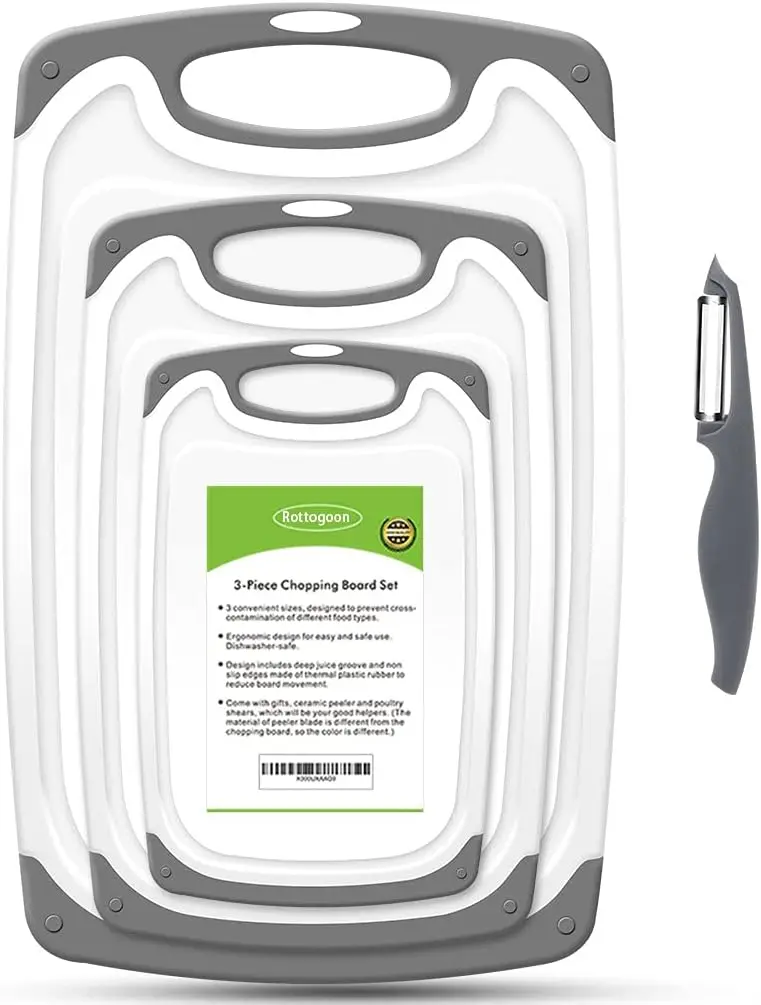 

Набор пластиковых разделочных досок для кухни, 4 штуки, с нескользящими ножками и глубоким желобом для сока, удобная ручка, легко моются.