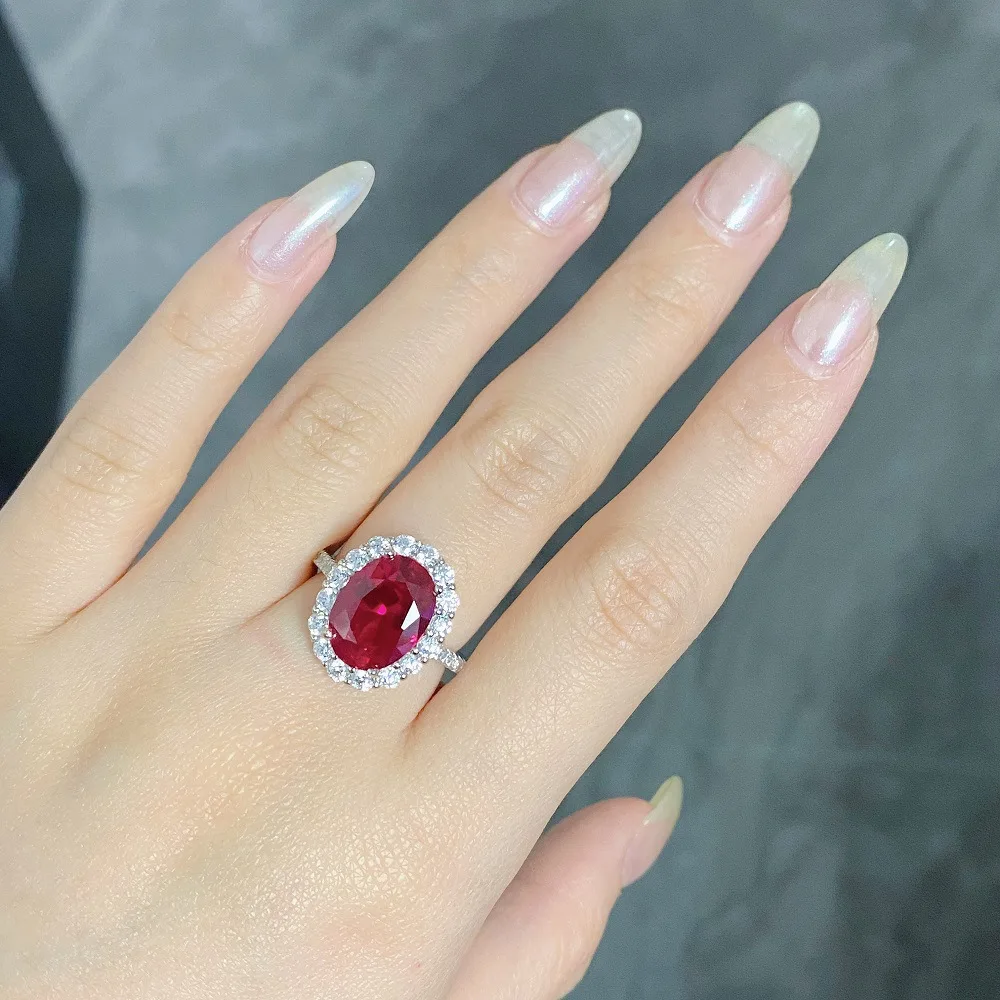 Super Weißgold 18 Karat Ring ovale Form 8ct Rubin Verlobung sring für Frauen großes brillantes Geschenk für Mädchen Geburtstag rote Edelsteine Schmuck – Detail 7