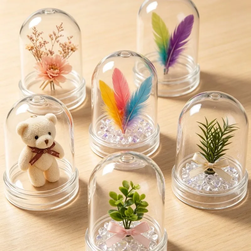 Transparent Plastic Preserved Flower Jars with Screw-On Lids, Handcrafted Art Decor Supplies, White Decorative Containers