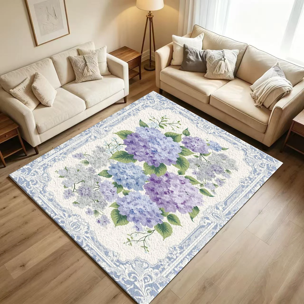Light Blue Hydrangea Floral Border Carpet Flooring Elegant Watercolor Flower Printed Floor Rug for Living Area Household Decoration