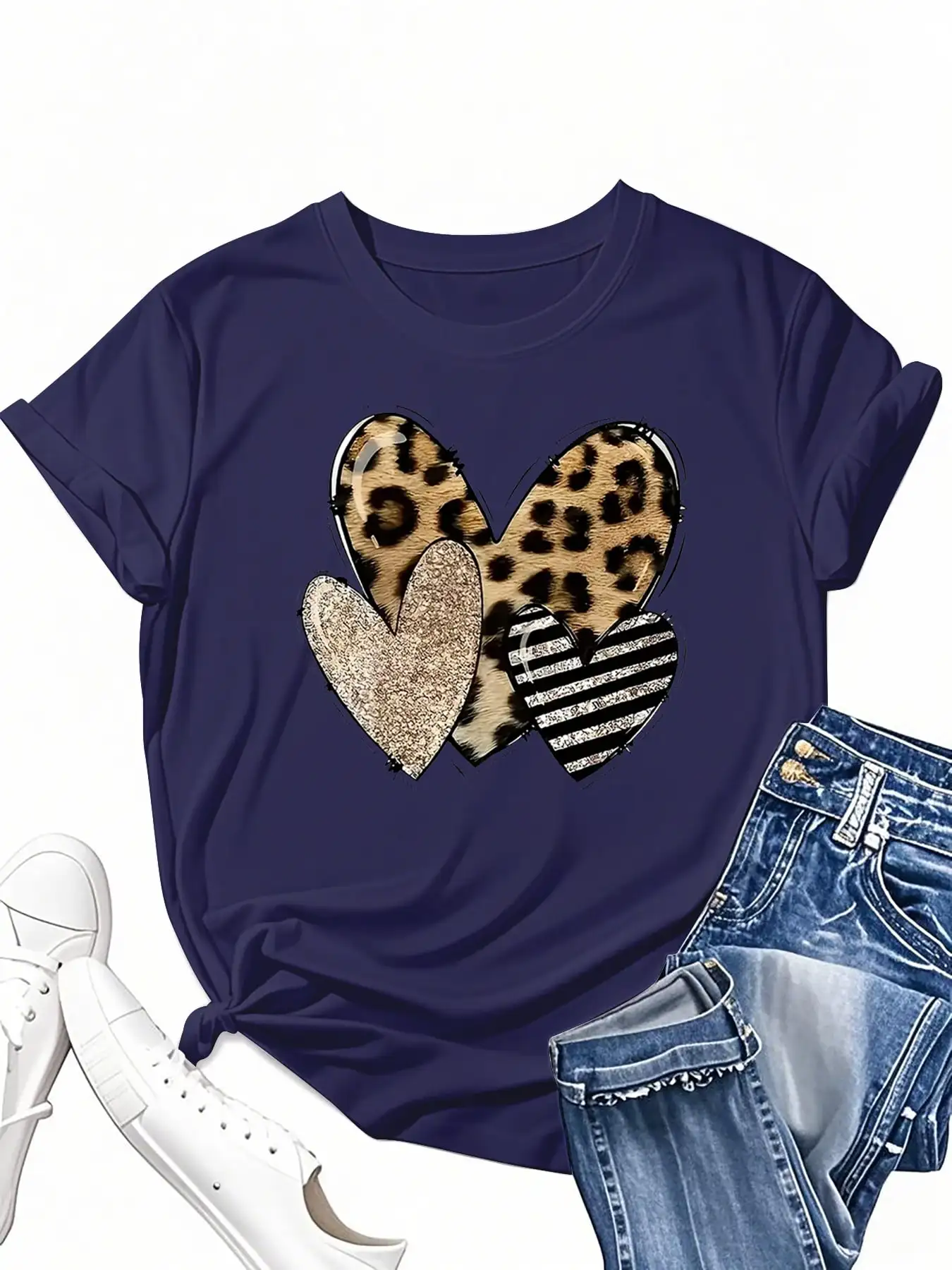 

Женская летняя одежда больших размеров с круглым вырезом, многоцветная футболка с короткими рукавами и принтом в виде сердца