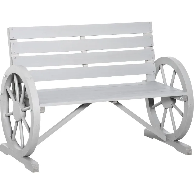 

41" Wooden Wagon Wheel Bench, Rustic Outdoor Patio Weather Resistance Furniture, 2-Person Slatted Seat Bench with Backrest
