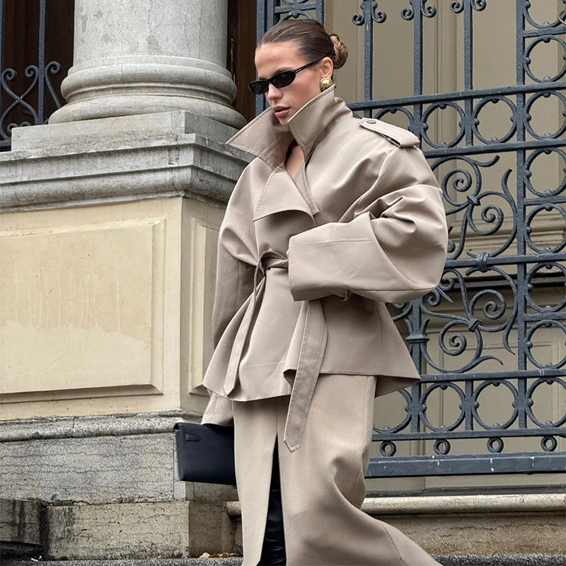 Casual Loose Jacket Women Stand Collar Long Sleeve Belt Double Breasted Short Windbreaker 2025 Spring Fashion Chic Streetwear zz