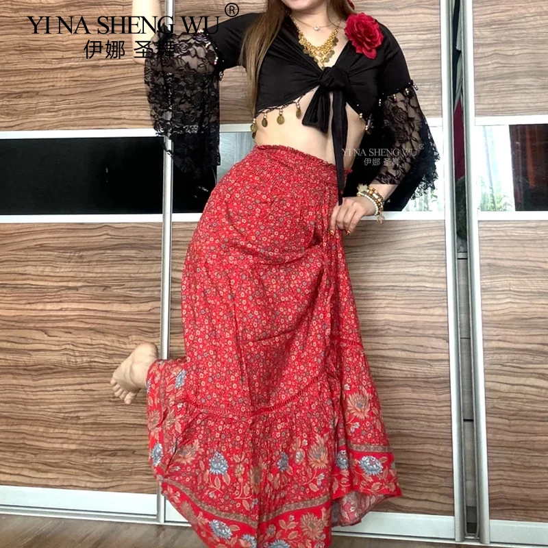 Belly Dance Top Lace Flare Sleeves Practice Costume Indian Belly Dance Dance Performance Top Lace Adult Women Square Dance Top